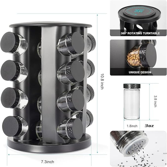 Black Countertop Rotating Spice Rack - Empty 16-Jar Revolving Organizer, Round Carousel Tower With 135 Labels and Funnel - Complete Set for Kitchen Countertop, Cabinet