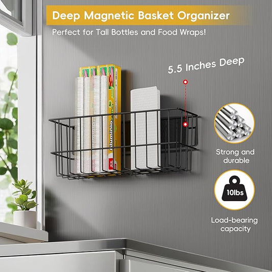 Minicloss Magnetic Spice Rack for Refrigerator - 6 Pack Magnetic Spice Rack with Magnetic Basket & Paper Towel Holder, Strong Magnetic Storage Organizer for Kitchen, Black