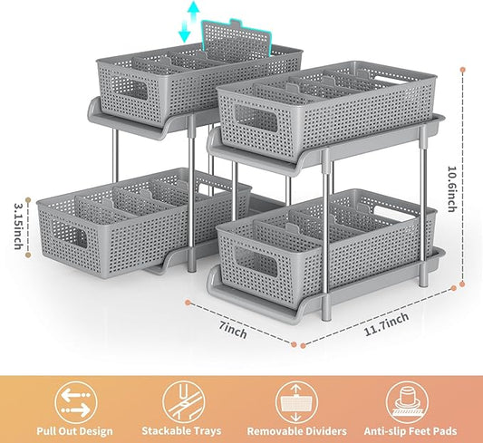 Bathroom Organizer with Dividers, 2Pcs 2 Tier Stackable Under Sink Organizers and Storage Cabinet Organizers for Bathroom Kitchen Pantry Organization and Storage, Medicine Cabinet Organizer