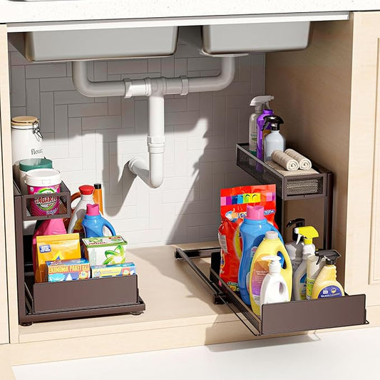 2 Pack Under Sink Organizer and Storage, 2 Tier Pull Out Cabinet Organizer, Slide Out Under Sink Storage Shelf, Undersink Organizers Shelves for Kitchen Bathroom Pantry Organization (Bronze)