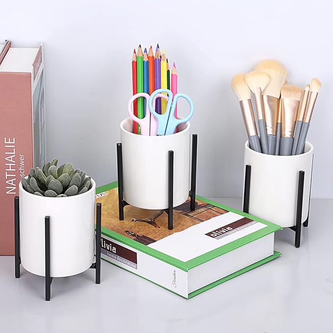 JUXYES Pack of 3 Ceramic Silverware Holder For Party Table, White Cutlery Holder Holder With Black Metal Bracket, Small Flatware Caddy Organizer Utensil Holder Organizer for Kitchen Dining Tables