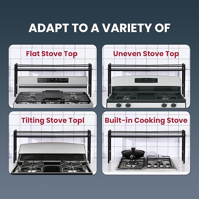 Stove Top Shelf,Over The Stove Spice Shelf for Kitchen,Spice Rack Shelf with 4 Hooks Extra Storage Countertop, Seasoning Organizer,Kitchen Organizers and Storage (Black)