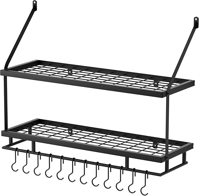 KES 30-Inch Kitchen Pot Rack - Mounted Hanging Rack for Kitchen Storage and Organization- Matte Black 2-Tier Wall Shelf for Pots and Pans Organizer with 12 Hooks - KUR215S75B-BK