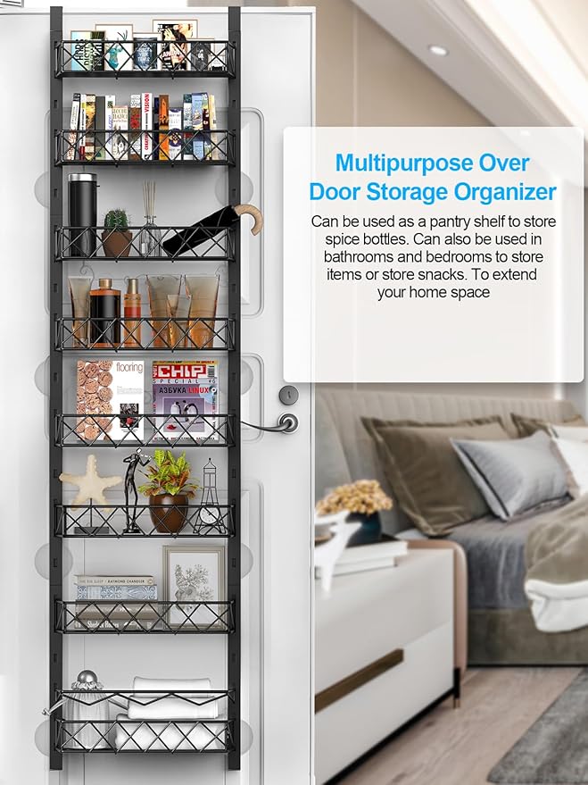 Over the Door Pantry Organizer, 8 Tier Pantry Organizers and Storage Metal Hanging Spice Rack for Kitchen Behind the Door Storage with Basket