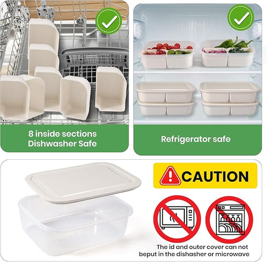 4Pcs Divided Serving Tray with Lid: Fruit Storage Containers for Fridge with 4 Removable Compartment, Storage Organizer for Snacks, Fruit, vegetables, Portable Snackle Box for Party, Travel, Picnics