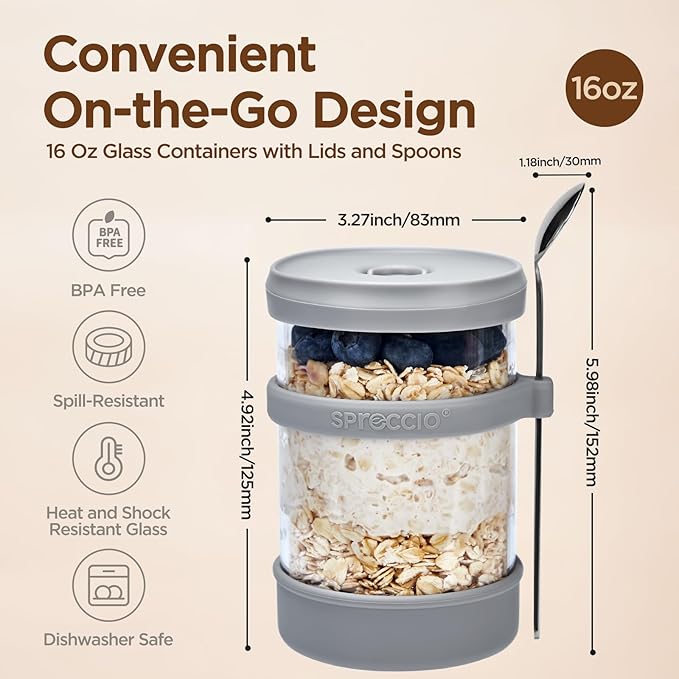 Glass Overnight Oats Containers with Lids of Silicone and Spoon 16 oz [2 Pack], Airtight Overnight Oats Jars with Silicone Lid, For Yogurt Containers Chia Pudding Jars Snack Spice (Grey)
