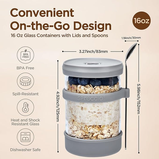 Glass Overnight Oats Containers with Lids of Silicone and Spoon 16 oz [2 Pack], Airtight Overnight Oats Jars with Silicone Lid, For Yogurt Containers Chia Pudding Jars Snack Spice (Grey)