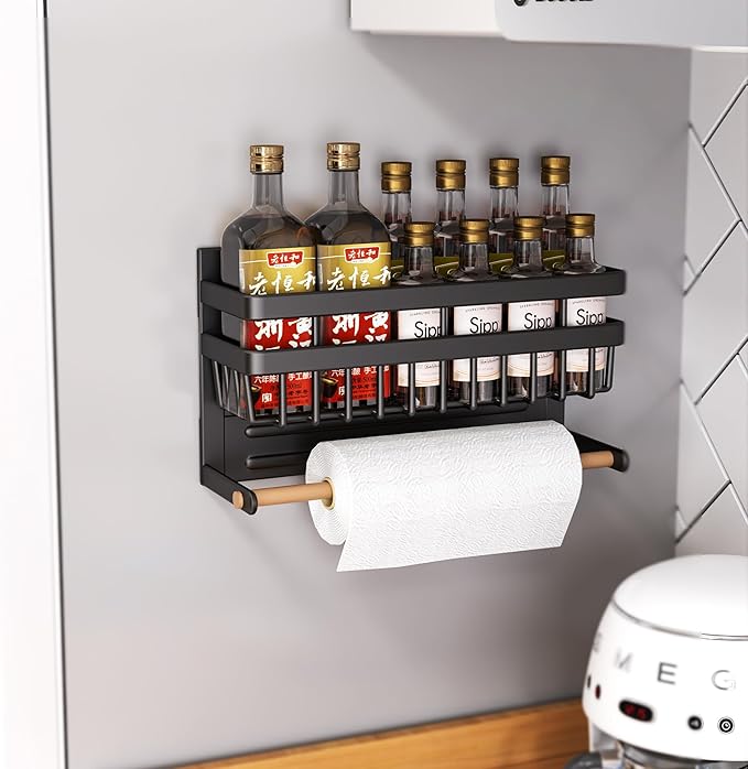 Sleclean Magnetic Spice Rack for Refrigerator Magnetic Paper Towel Holder Shelf Fridge Magnet Organizer Spice Rack Organizer Kitchen Organization Kitchen Storage,Black