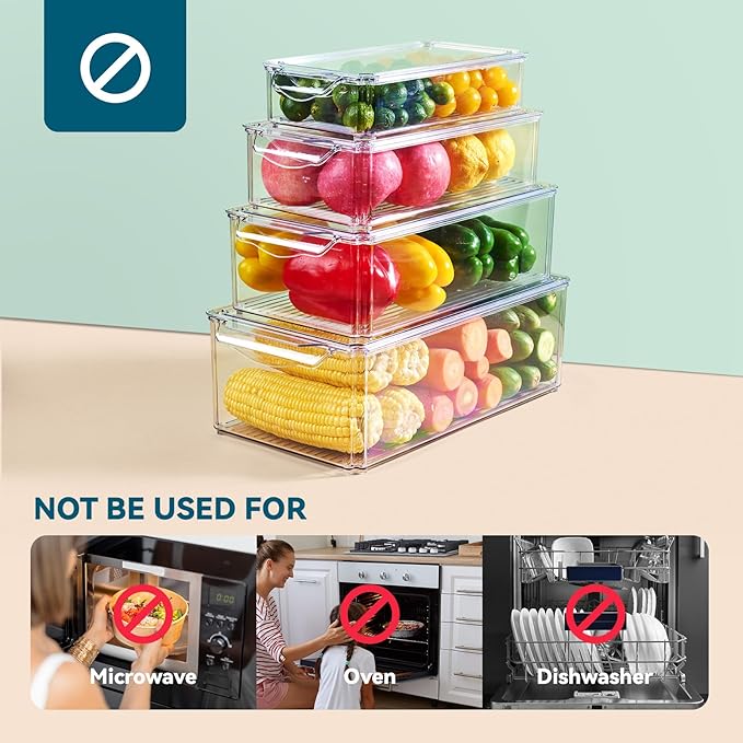 4 Piece Refrigerator Organizer Bins, Clear Fridge Organizers and Storage, Stackable with Lids, Food Storage Containers for Fruit, Vegetable, Drinks, Cereals