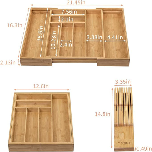 Bamboo-Silverware-Drawer-Organizer-Kitchen, Expandable Utensil Holder Cutlery Tray Flatware Organization Adjustable Wood Tableware Dividers Storage (with Removable Knife Block)(Natural)