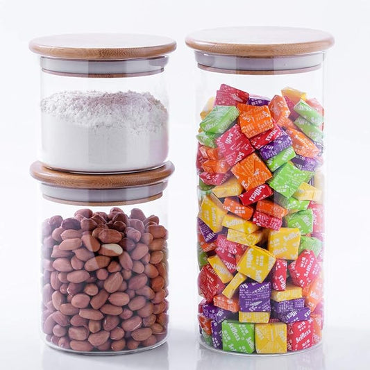 XUXIN Glass Food Storage Jars，Modern Design Clear Glass Bulk Food Storage with Airtight Bamboo Lid, Sealed Food Storage Canisters for Tea, Coffee, Spices, Cookies, Sugar. 24/35/60 oz, Set of