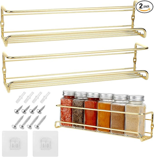 2 Pack Self Adhesive Wall Mounted Fridge Refrigerator Spice Racks,Metal Kitchen Seasoning Jar Organizer for Space Saver,Hanging Spice Organizer Shelf for Kitchen Cabinet,Wall,Pantry Door.Gold