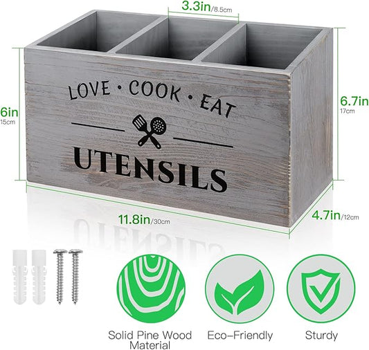 Utensil Holder with 3 Compartments, Rustic Wood Utensil Caddy Crocks for Kitchen Counter, Farmhouse Flatware Utensils Organizer Storage Box for Silverware Fork Spoon Spatula