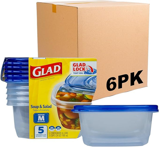 GladWare Soup & Salad Food Storage Containers for Everyday Use | Medium Rectangle Containers for Food Storage | Containers Hold up to 24 Ounces of Food, 5 Count - 6 Pack