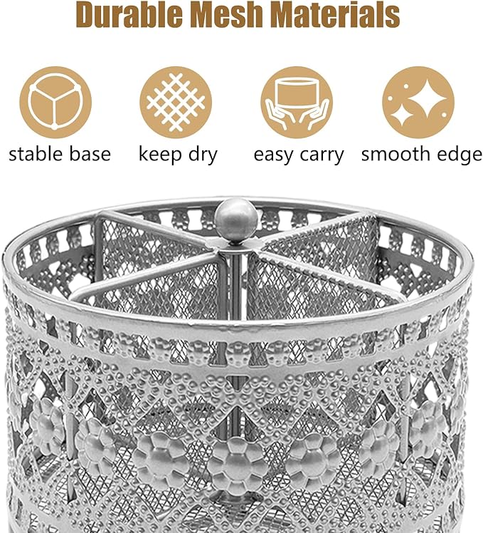 360° Rotating Metal Utensil Caddy - 4 Compartment Vintage Silverware Cutlery Holder Fork Spoon Napkin Organizer Flatware Storage Basket Party Countertop Buffet Picnic Camping Outdoor Silver
