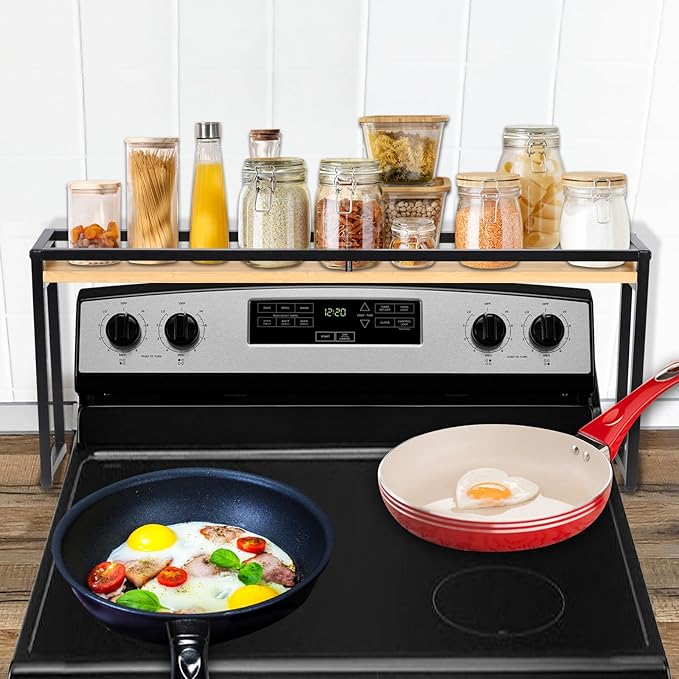 Stove Top Shelf - Over the Stove Shelf for Kitchen, 31.5" Countertop Spice Rack Organizer Shelf, Stove Shelf Kitchen Space Savers, Protective Lips and Metal Legs, Easy to Assemble