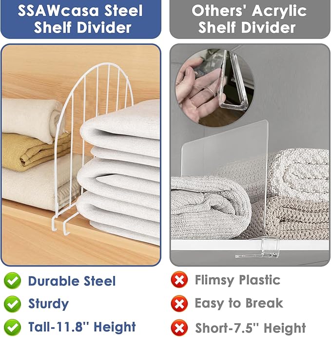 SSAWcasa Tall Shelf Dividers, 8 Pack 12’’ Shelf Dividers for Closet Organization, Metal Closet Organizer for Wood Shelves Separator for Purse Handbag Sweater Clothes Book Storage Wardrobe Cabinet