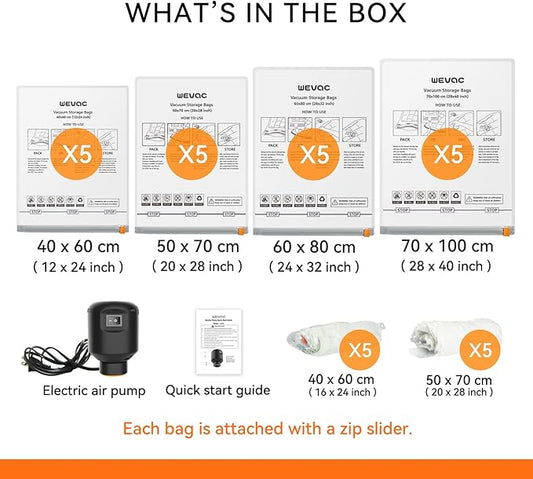 [2024 NEW] 30 Pack Vacuum Storage Bag (5 Jumbo/5 Large/5 Medium/5 Small/10 Roll) | Electric Pump | Space Saver | Rapid Vacuum | Double Zip | Clip Stopper | Clothes, Blanket Compression and Travelling