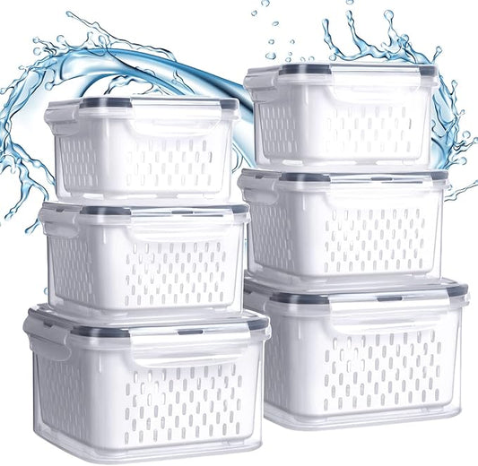 6 Pcs Fruit Storage Containers for Fridge, Food Storage Containers Berry Produce Fridge Organizer with Removable Colander Keep Fruits, Vegetable, Veggie, Meat Fresh Longer(Small, Medium, Large)
