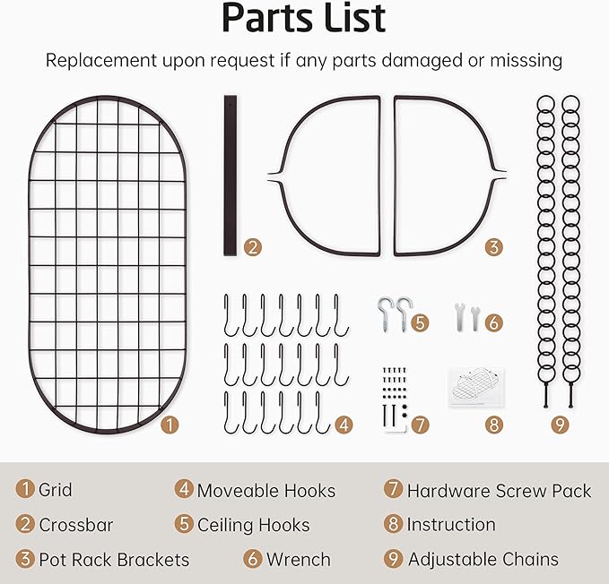 KES 34 Inch Oiled Bronze Hanging Pot Rack, Heavy Duty Oval Pot and Pan Hanging Rack Ceiling Mount, Pot Pan Hangers for Kitchen with 20 Hooks, (For 16" and 24" Stud Mount), KUR221S85-OB