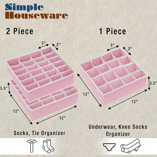 Simple Houseware Sock Drawer Organizer for Dresser/Closet/Bedroom, 3 Pack, Pink