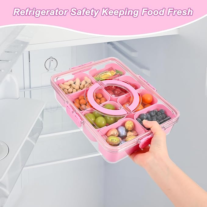 Snackle Box Container, 8 Compartment Divided Serving Tray with Lid and Handle, Snack Box Container for Candy, Fruit and Snacks, Great for Gatherings, Outings, Parties and Entertaining（Pink）