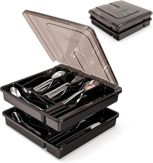 Silverware Organizer with Lid for Drawer, Plastic Utensil Holder for Countertop, Flatware Organizer Cutlery Tray with Cover 5 Compartments (2 Layer-Black)