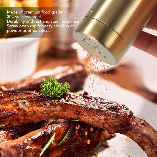 2Pcs Salt and Shakers Set, 7 Ounce Stainless Steel Salt and Dispenser Gold Jar Rustproof Seasoning Bottle Easy Filling Salt and Shakers for Modern Home Kitchen