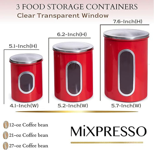 Mixpresso 3-Piece Red Canister Set - Airtight Coffee & Tea Organizer with See-Through Window, Sugar Canister - Kitchen Decor