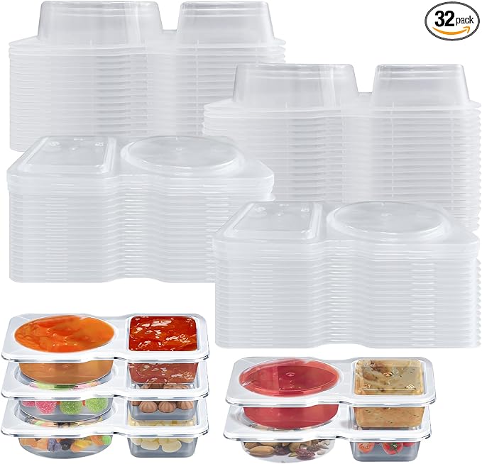 32 Pack Double Compartment Condiment Container -5.5x3.3 inches Plastic Snack Containers with Lids for Sauces, and Salad Dressings | Portable Snackle Box, Portion Control & Food Storage Solution