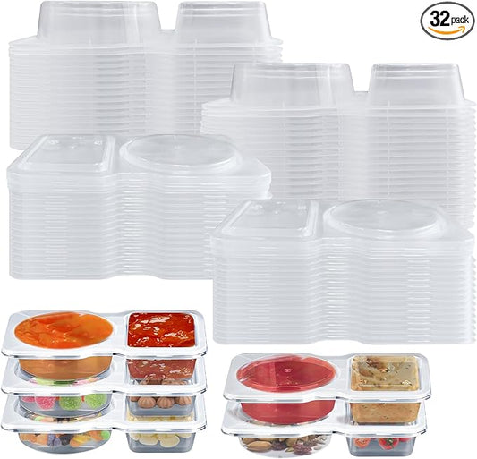 32 Pack Double Compartment Condiment Container -5.5x3.3 inches Plastic Snack Containers with Lids for Sauces, and Salad Dressings | Portable Snackle Box, Portion Control & Food Storage Solution