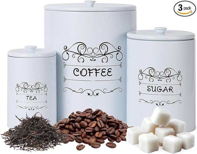 Country White Canisters Set of 3, Rustic Farmhouse Metal Containers with Airtight Lids, Kitchen Storage Canisters for Coffee, Sugar, Tea for Kitchen, Pantry Countertop