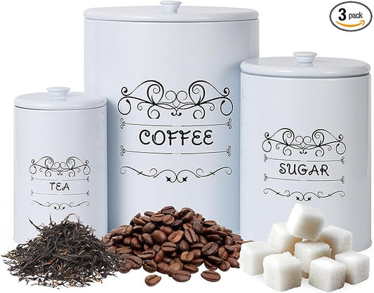 Country White Canisters Set of 3, Rustic Farmhouse Metal Containers with Airtight Lids, Kitchen Storage Canisters for Coffee, Sugar, Tea for Kitchen, Pantry Countertop