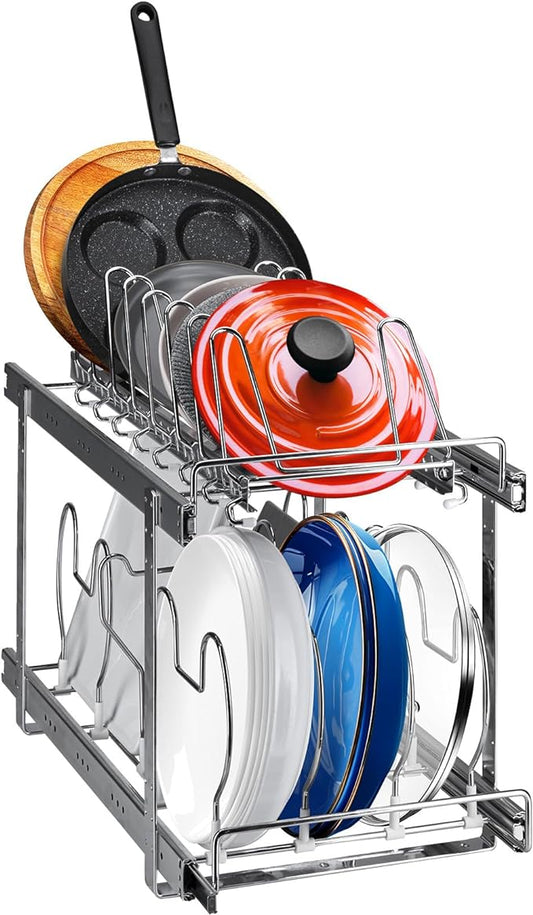 VEVOR Pan and Pot Rack, 2-Tier Expandable Pull Out Under Cabinet Organizer, 12"W, Carbon Steel, Double Tier