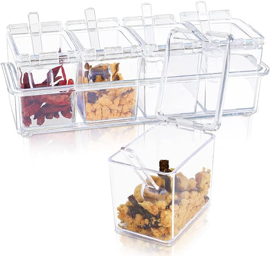 Clear Seasoning Box, 4 Piece Seasoning Rack Spice Pots, Plastic Storage Container Condiment Jars with Lids and Spoon, Kitchen Organization Containers for Spice, Salt, Sugar, Cruet