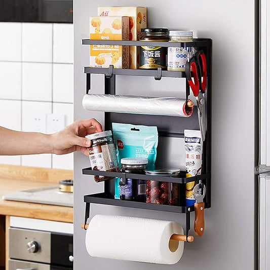 EASTTOWEST Magnetic Spice Rack,4 Tier Kitchen Magnetic Shelf for Refrigerator Fridge Organizer with 2 Paper Towel Holders and 5 Removable Hooks,Matte Black