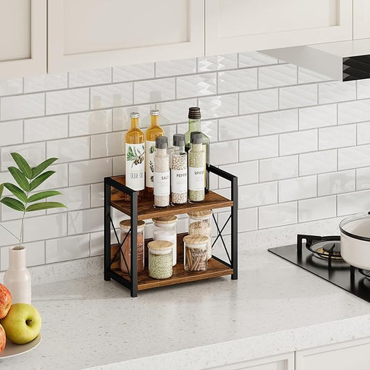 Giikin 2 Tier Kitchen Spice Rack Organizer for Countertop, Wood Coffee Counter Shelf Organizer for Home (Rustic Brown)