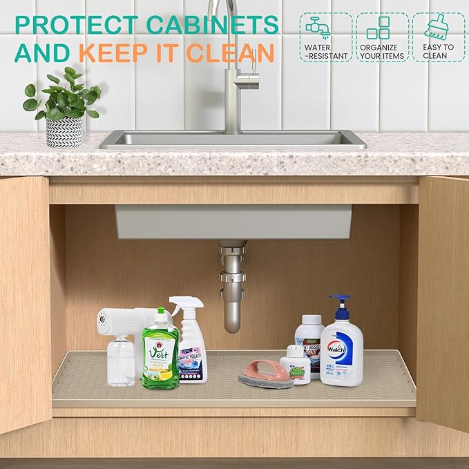 Waterproof Under Sink Mat 34" x 22", Silicone Cabinet Liner, Rubber Protector for Kitchen and Bathroom, Keeps Cabinets Clean, Dry, and Organized (Khaki)