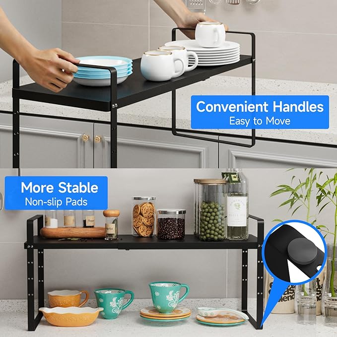 Expandable Cabinet Shelf Organizer, Stackable Kitchen Pantry Counter Storage, Adjustable Closet Cupboard Stand Rack Risers Spice Organization 80LBS Heavy Duty Black Large 2 Pack