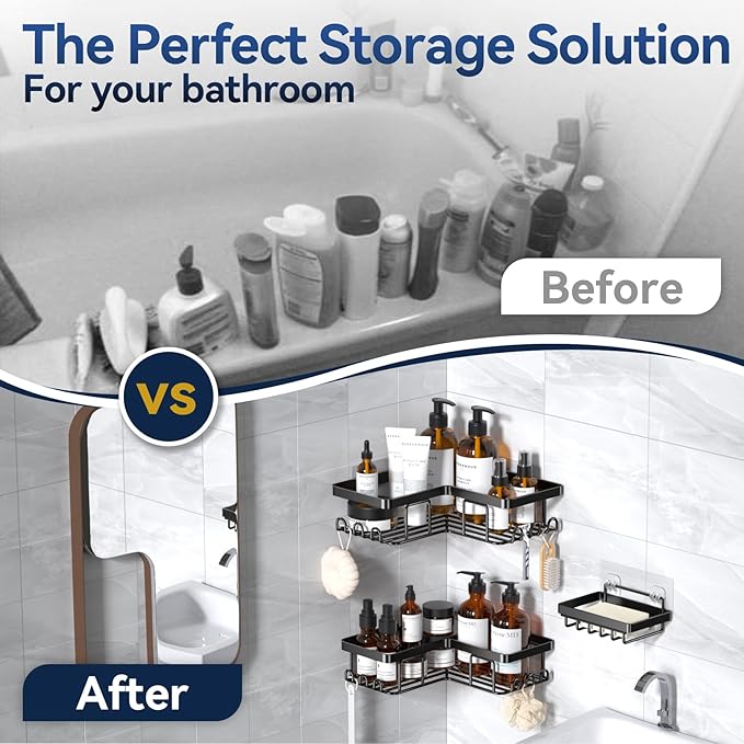YASONIC Corner Adhesive Shower Caddy, with Soap Holder and 12 Hooks, Rustproof Stainless Steel Bathroom Organizer, No Drilling Wall Mounted Rack, Black, 3-Pack