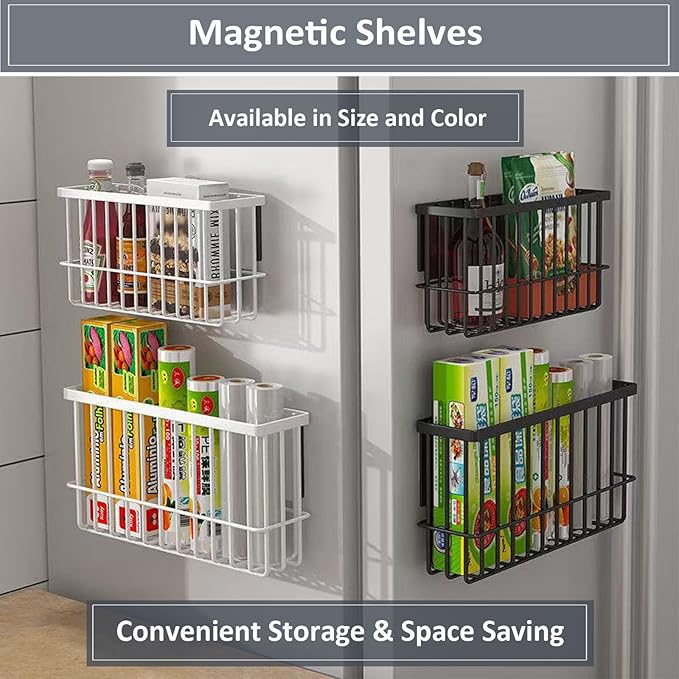 Magnetic Shelf for Fridge, Large Metal Magnetic Spice Rack Black for Kitchen Organization and Storage, Moveable Spice Organizer for Refrigerator and Any Other Metal Surface
