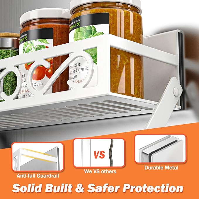 Spice Rack Magnetic for Refrigerator, 3 Pack Magnetic Spice Shelf, Moveable Fridge Organizer with 6 Hook Rack, Magnetic Fridge Seasoning Rack for Kitchen-White