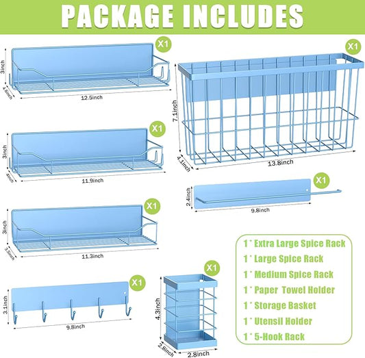 Magnetic Spice Rack for Refrigerator, 7 Pack Magnetic Fridge Shelf for Kitchen Organization Storage, Moveable Spice Organizer W/Paper Towel Holder, Utensil Caddy, Cutting Board Rack (Blue)