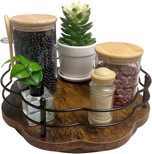 13" Wood Lazy Susan Turntable Organizer, 360°Rotating Non-Slip Lazy Susan Spice Rack Organizer with Higher Edge for Table Top Cabinet Kitchen Countertop Dining Table Coffee Bar Storage