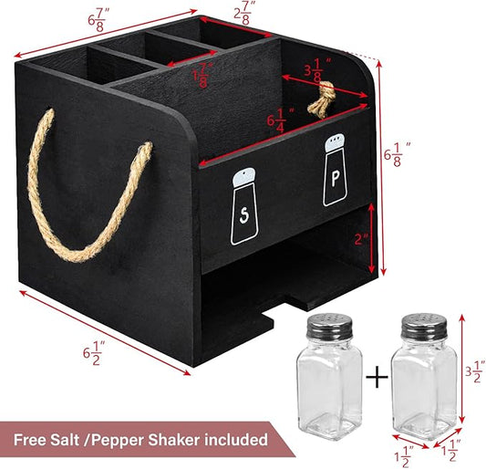 Ikee Design Wooden Utensil Caddy with Handles, Includes Salt Pepper Shaker,Silverware Caddy,Silverware Holder Organizer for Countertop,Party,Camping and Kitchen,Picnic Cutlery Holders,Black Color