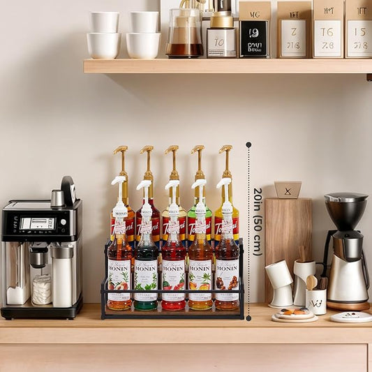 Coffee Syrup Organizer, 2-Tier 10 Syrup Bottles Rack for Coffee Bar, Liquor Bottle Display Shelf Holder Bar Shelf Stand Countertop Rack for Syrup, Wine, Spice