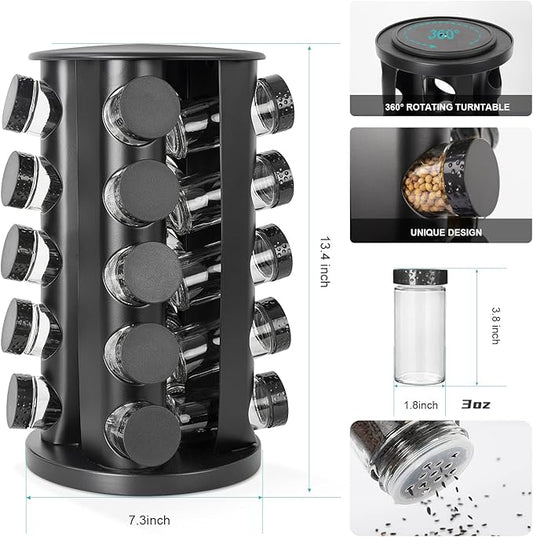 Black Countertop Rotating Spice Rack - Empty 20-Jar Revolving Organizer, Round Carousel Tower, 135 Labels With Funnel Complete Set for Kitchen Countertop, Cabinet