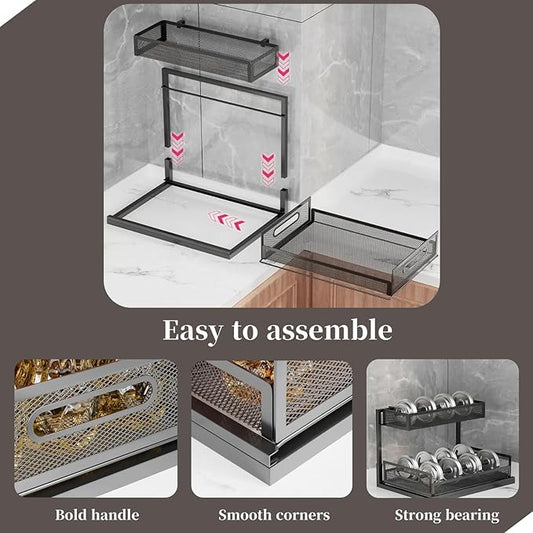 2 Pack Under Bathroom Sink Organizers and Storage 2-Tier Metal Pull Out Cabinet Organizer with Sliding Out Drawers Space Saving Undersink Slide Out Shelves for Kitchen Pantry, Black