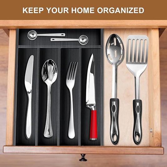 Small Kitchen Utensils Drawer Organizers Black Wooden Cutlery Tray Flatware Silverware Organizer Divider Storage Narrow Wood Silverware Utensil Tray Bamboo Cutlery Fork Spoon Holder for Drawer