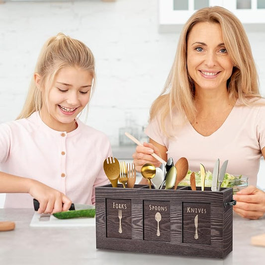 Wood Flatware, Cutlery, Kitchen Utensil & Silverware Caddy Organizer Bin Holder for Kitchen Countertop, Perfect for Forks, Spoons, Knives